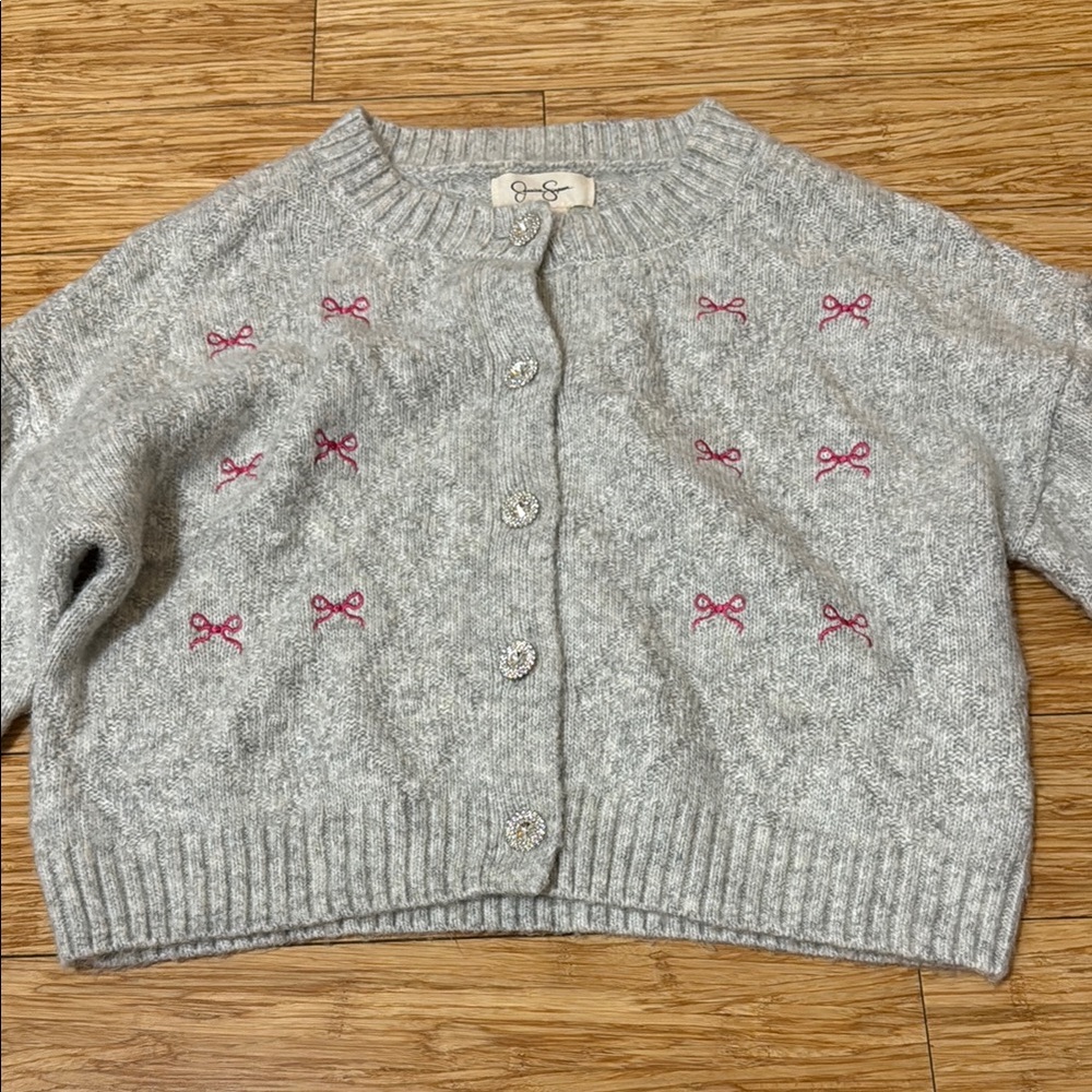 Gray Cardigan with Pink Bow Embroidery